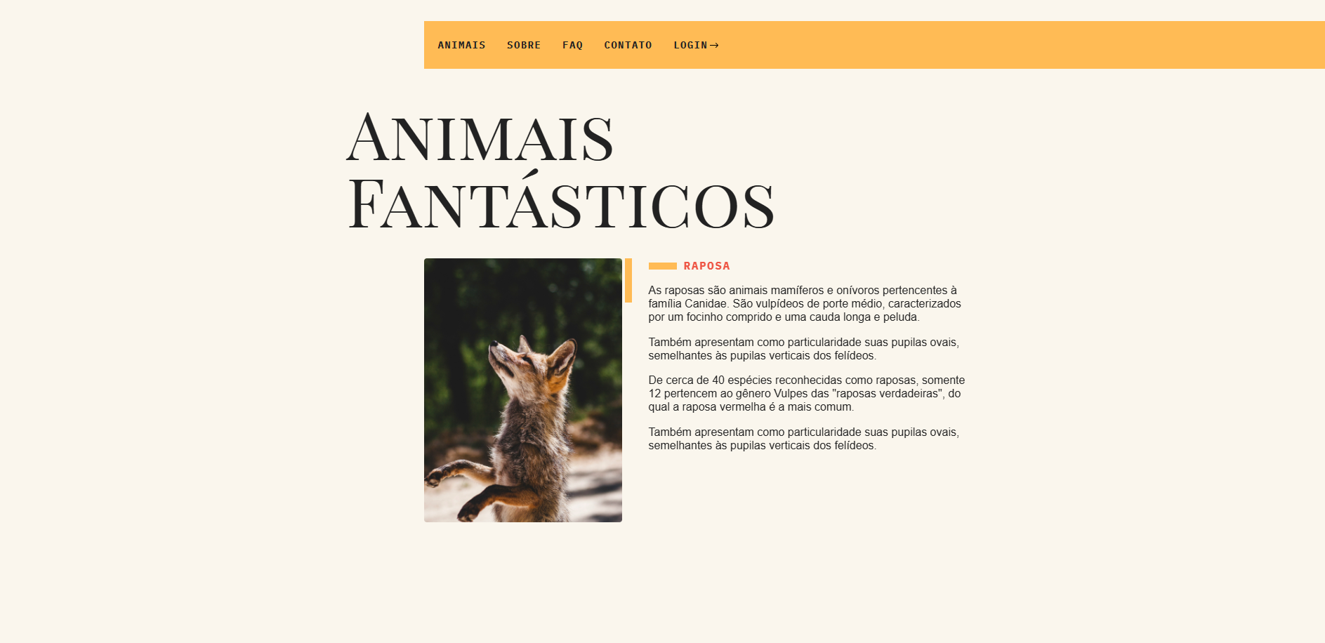 Projeto apresentando animais e suas características